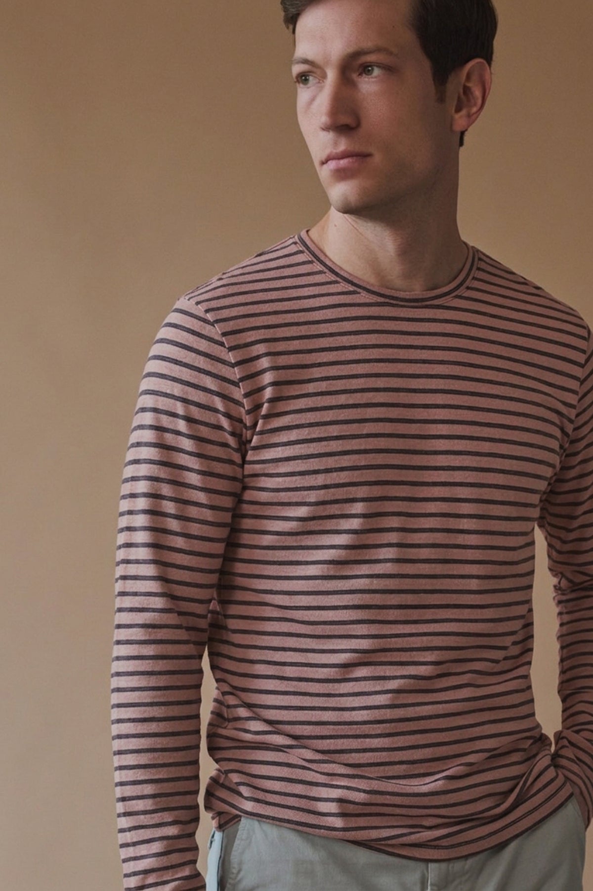 Rose-and-brown striped long-sleeve crew tee