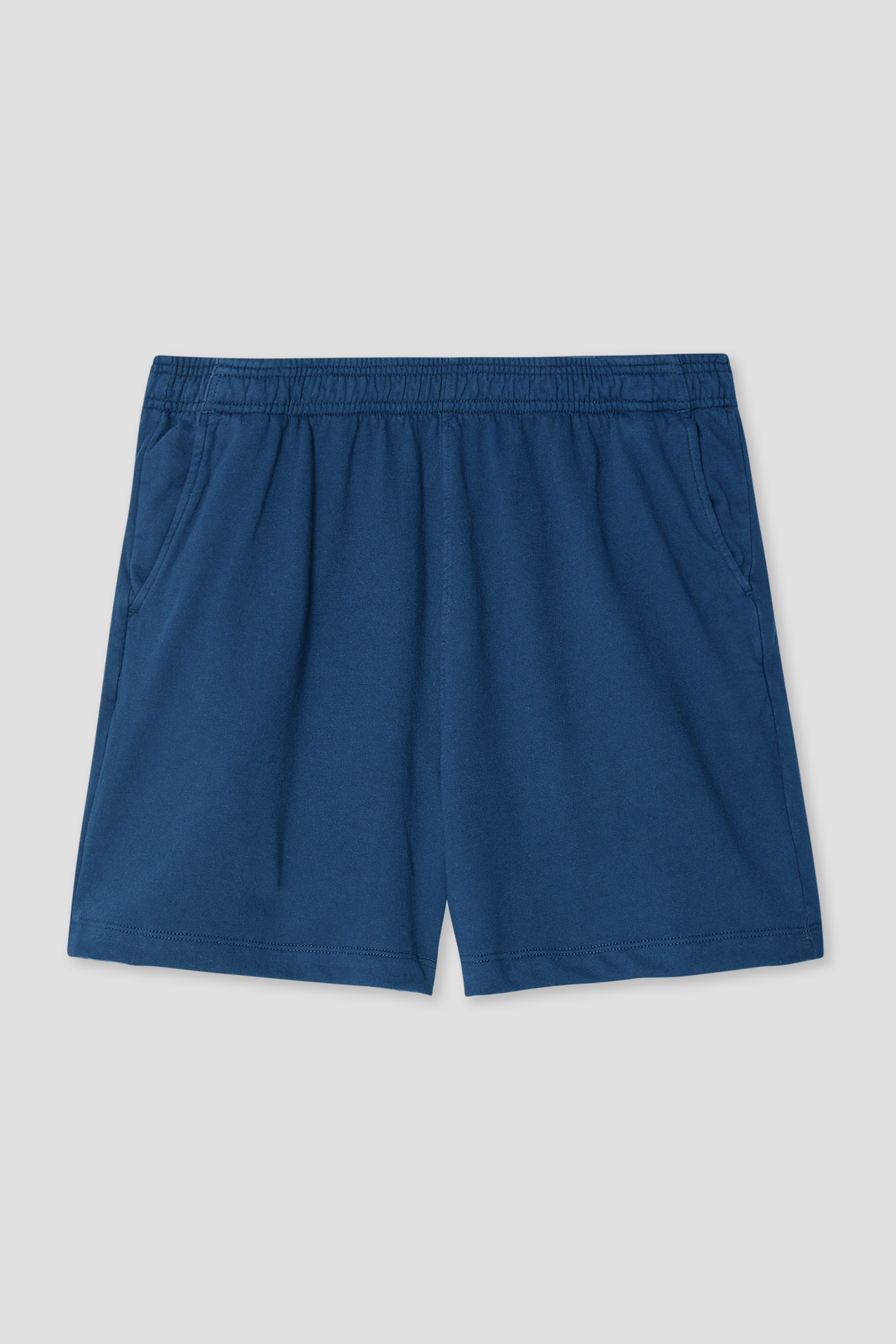 Blue supima fleece shorts with elastic waistband and side pockets