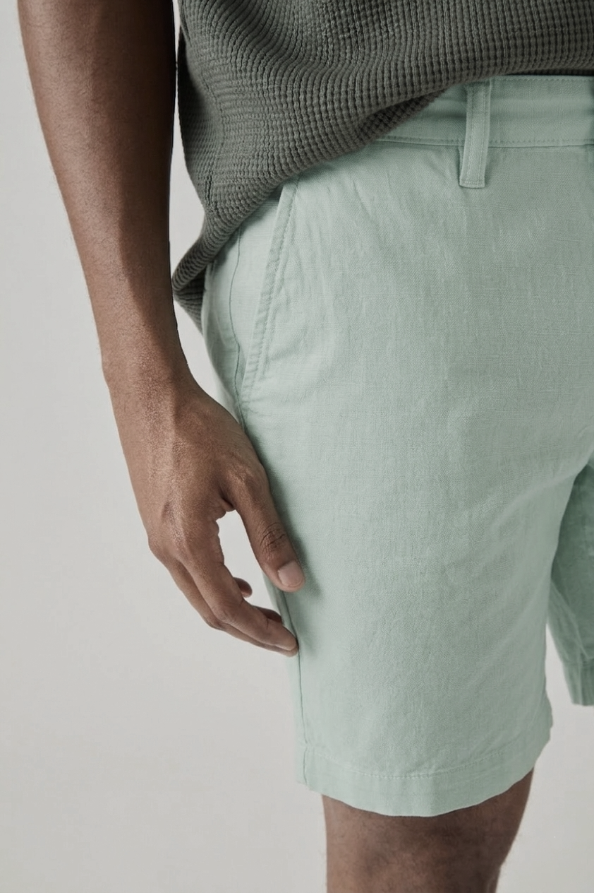 Light green twill short detail with front pocket opening and belt loops