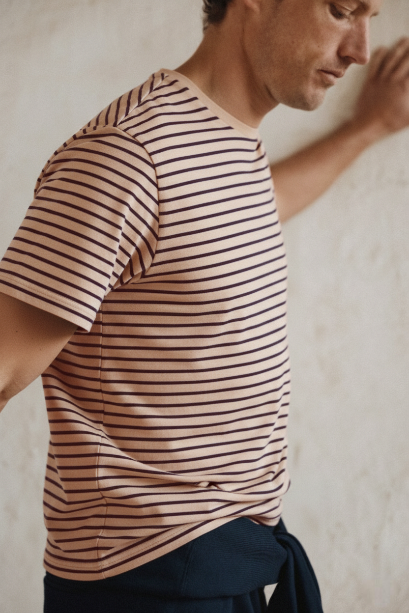 Striped crew neck tee with short sleeves, tan with dark navy horizontal stripes