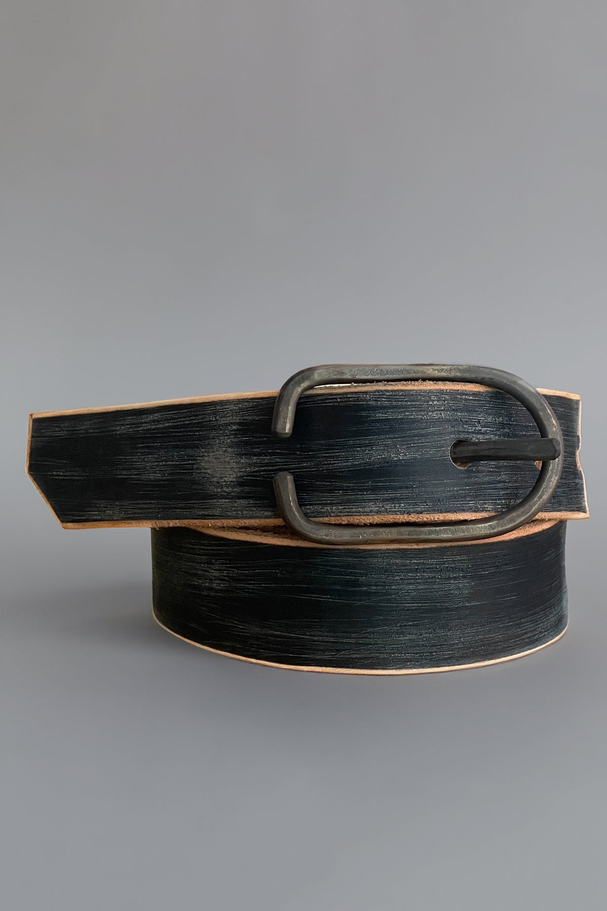 Charcoal leather belt with oval silver buckle