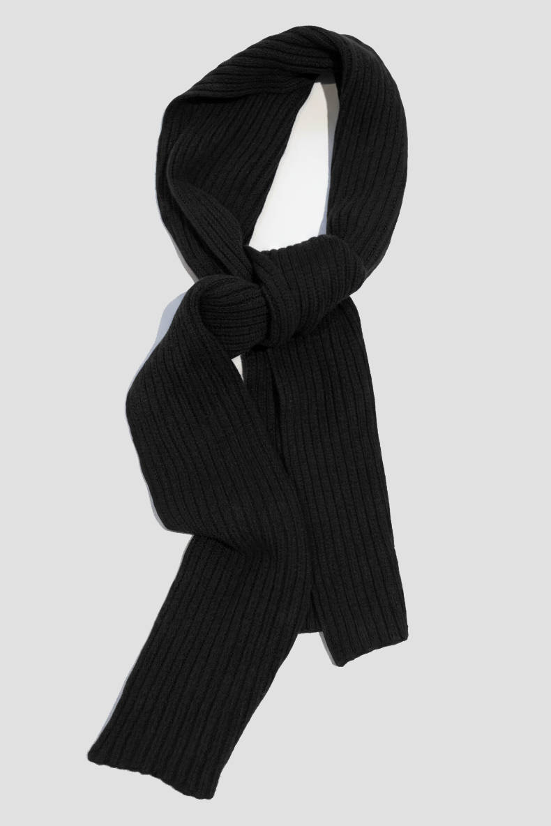 Black rib-knit cashmere scarf with looped drape and long hanging ends.