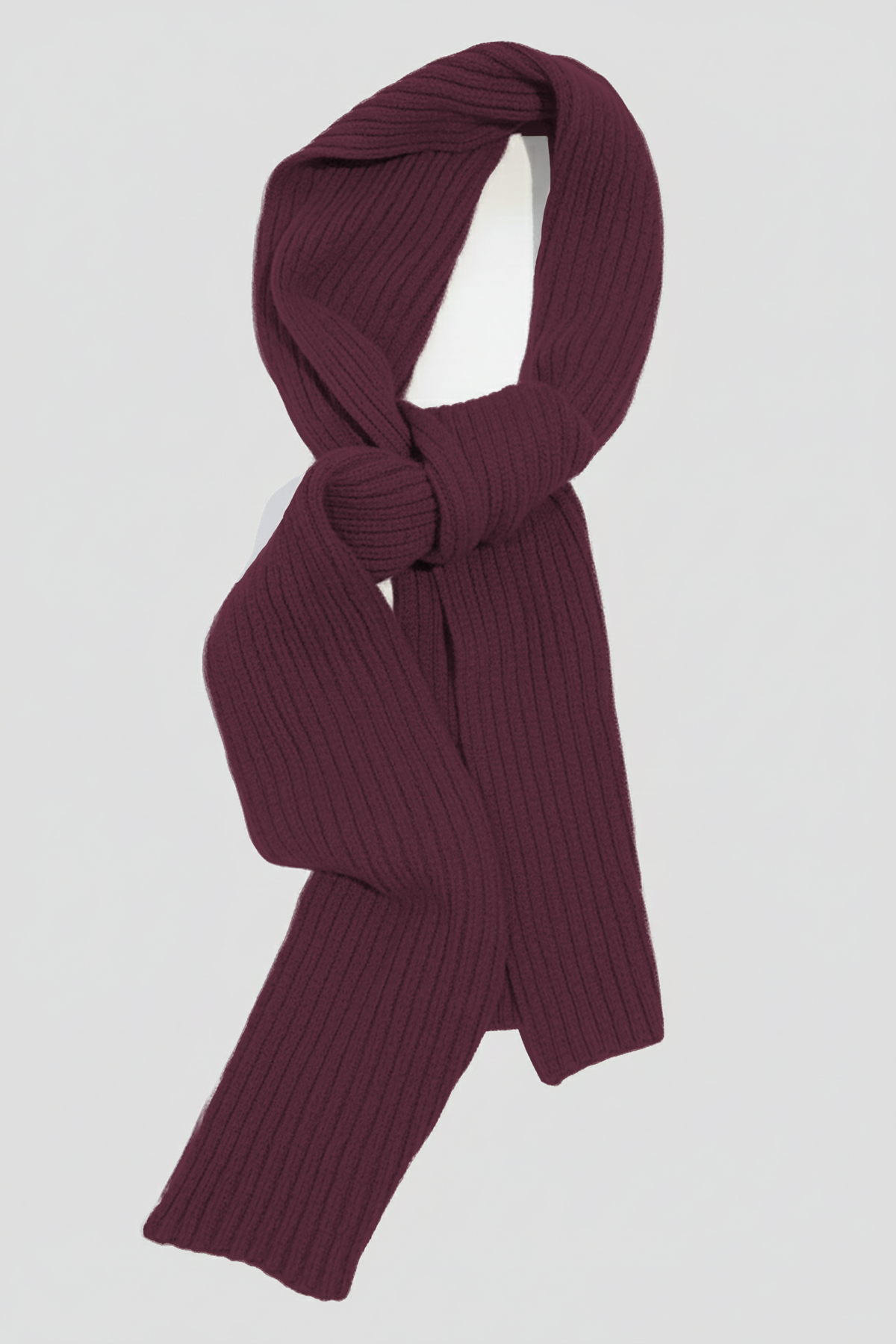 Plum rib-knit cashmere scarf with looped drape and long hanging ends.