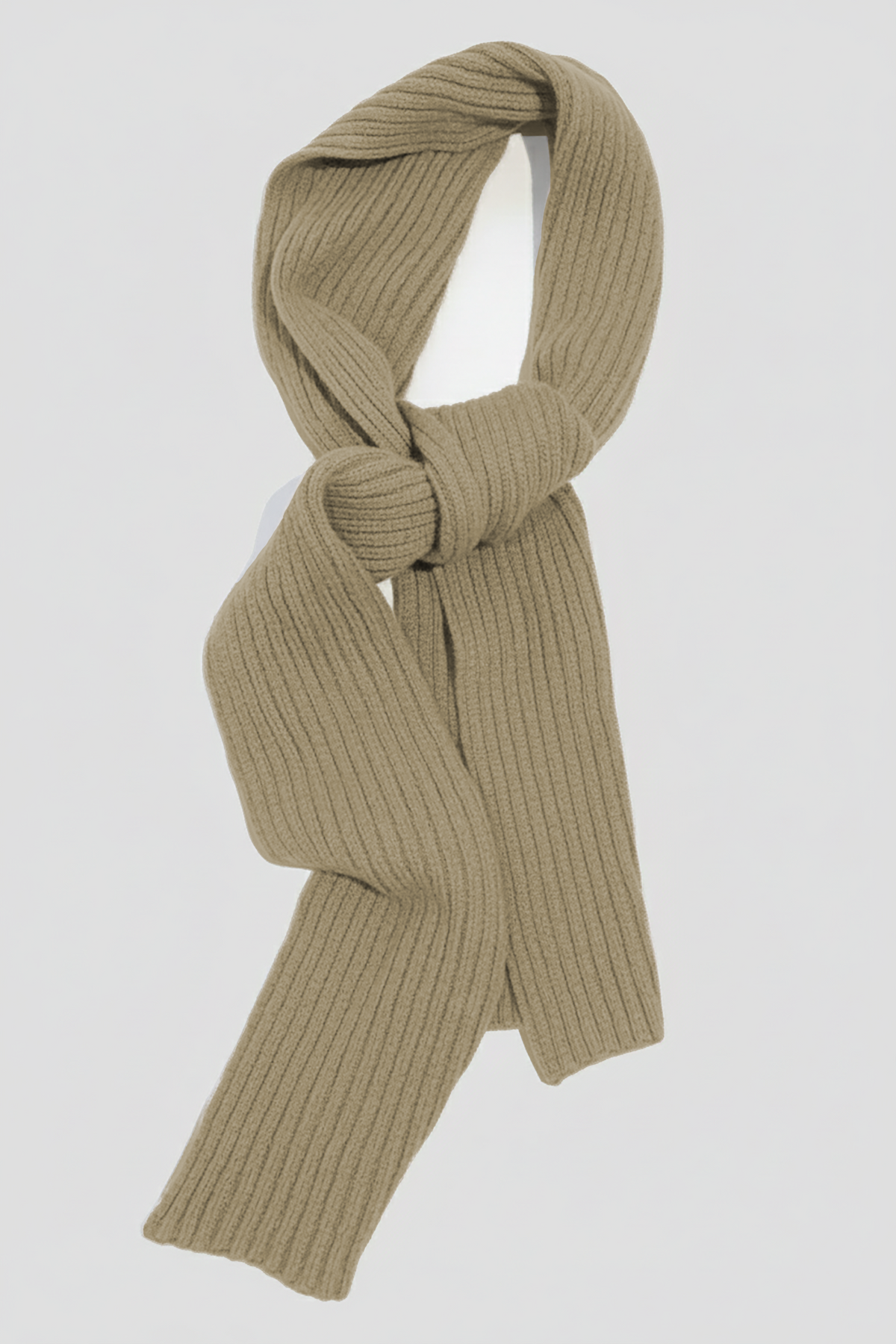 Taupe rib-knit cashmere scarf with looped drape and long hanging ends.