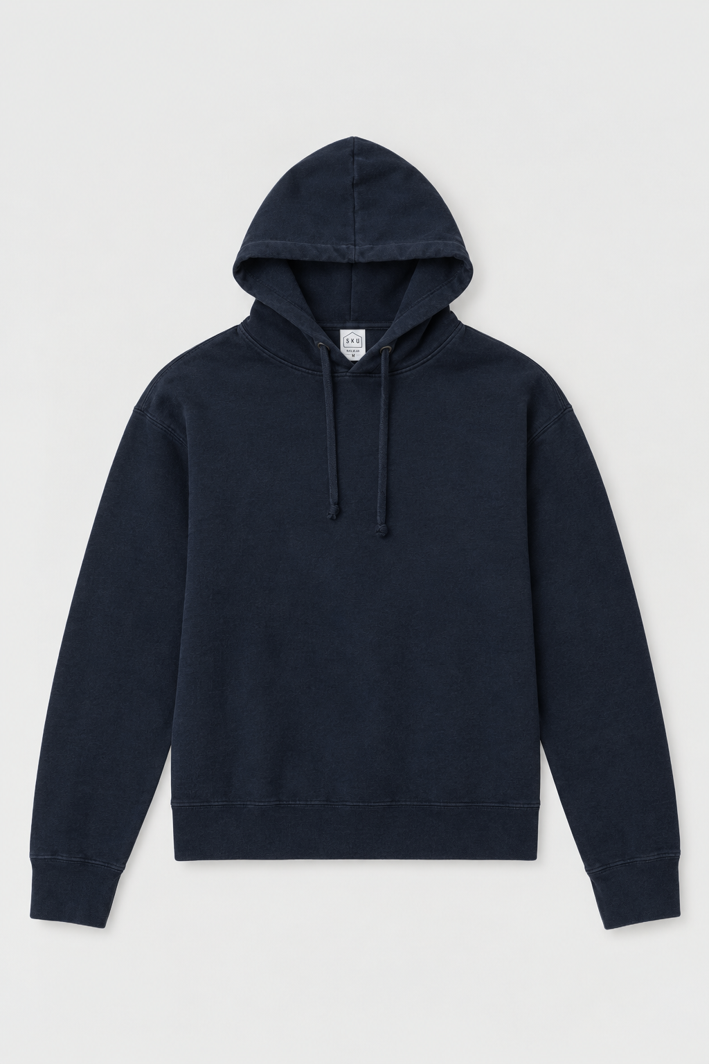 Navy pullover hoodie with adjustable drawstring hood and front kangaroo pocket