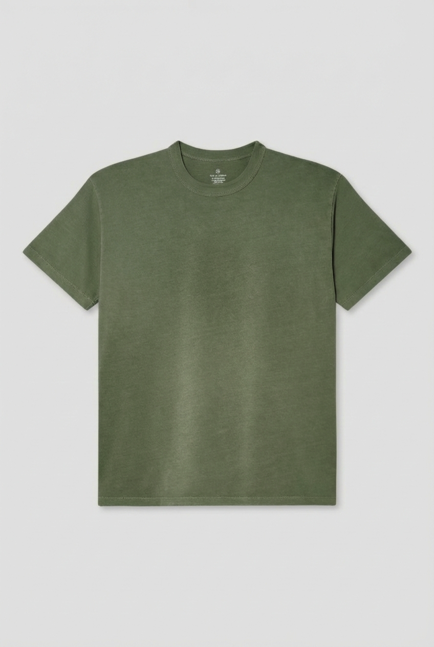 Recycled jersey PE tee in olive green, short sleeves, crew neck, front view.