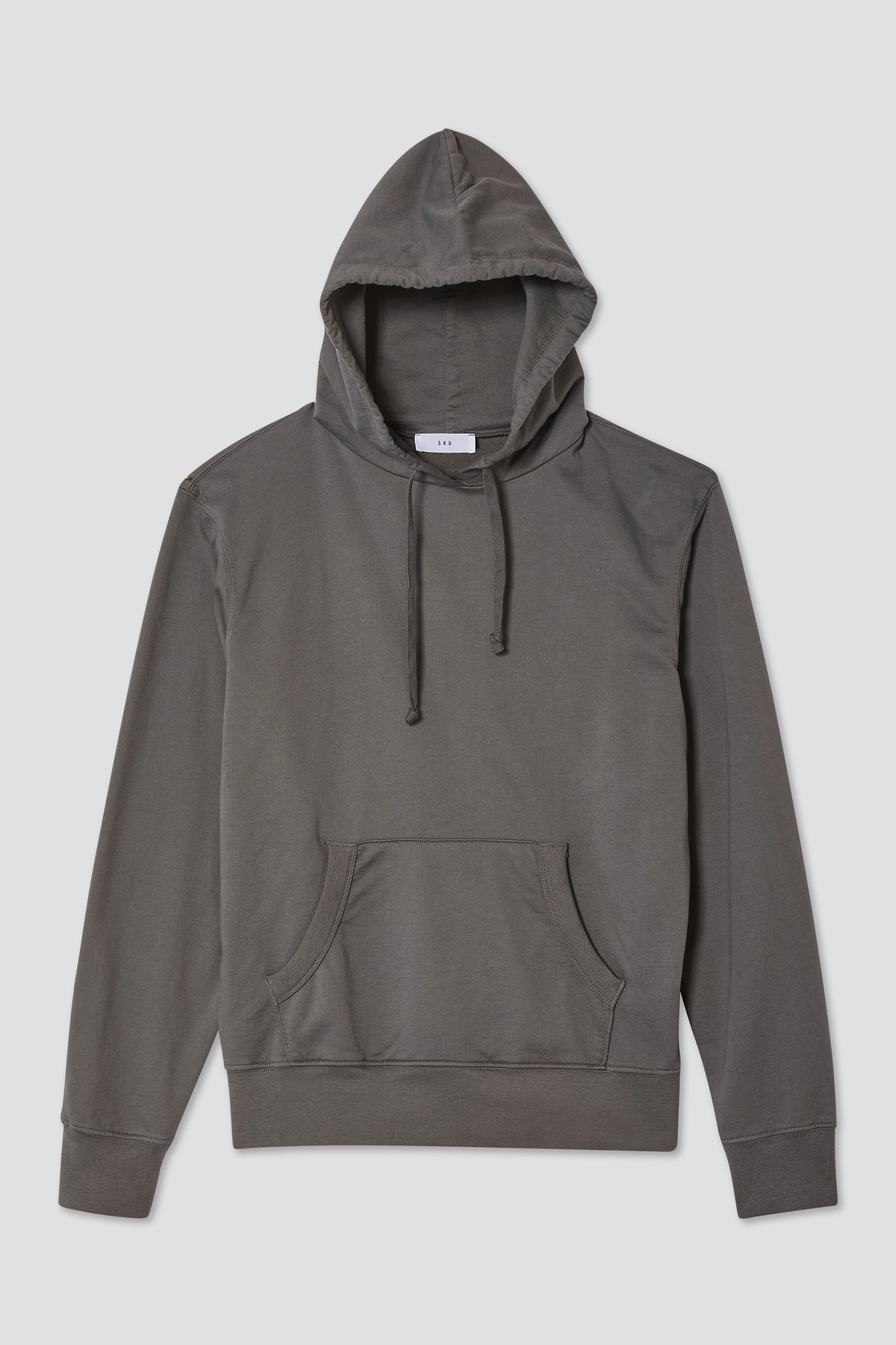 Dark gray hooded pullover sweatshirt with adjustable drawcord and front pocket