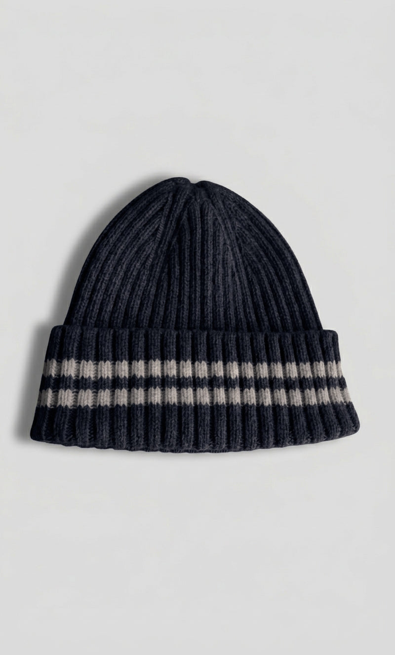 Navy striped ribbed cashmere beanie with white stripe band