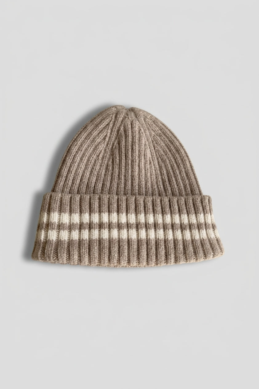 Taupe striped ribbed cashmere beanie with white stripe band
