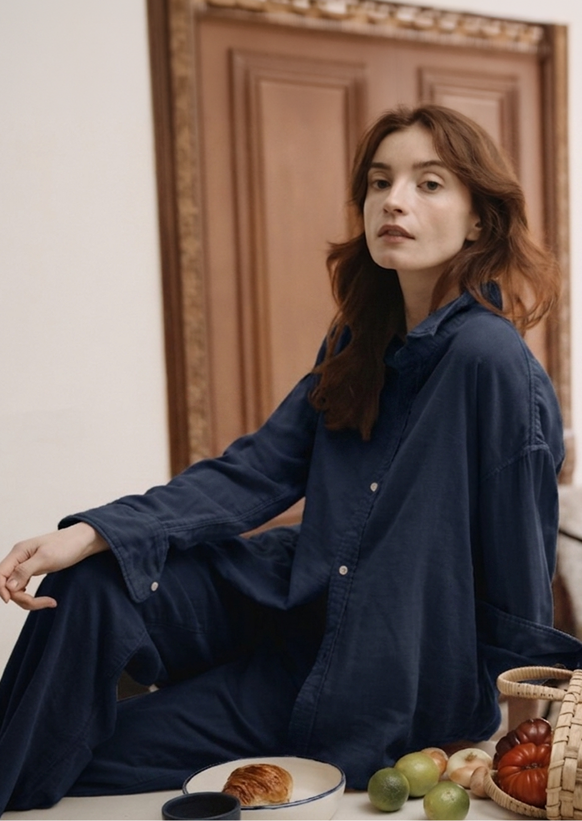 Women's navy triple gauze pant worn with matching oversized easy shirt