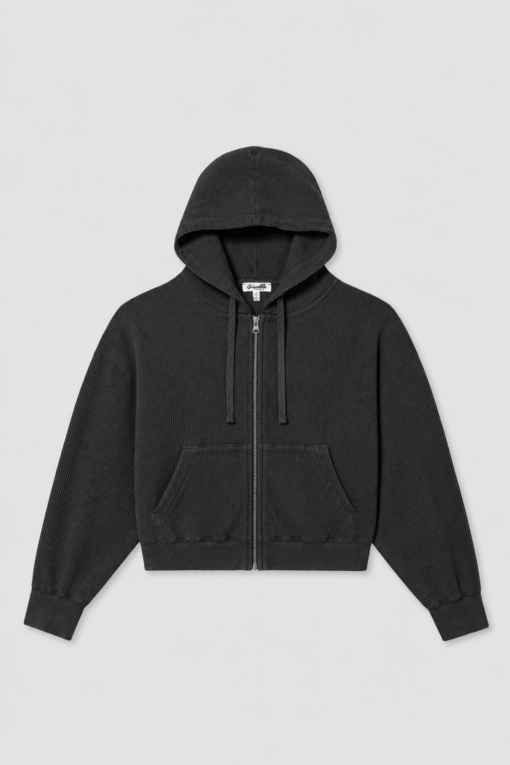 Black zip-front crop hoodie with hood, drawstrings, and kangaroo pocket