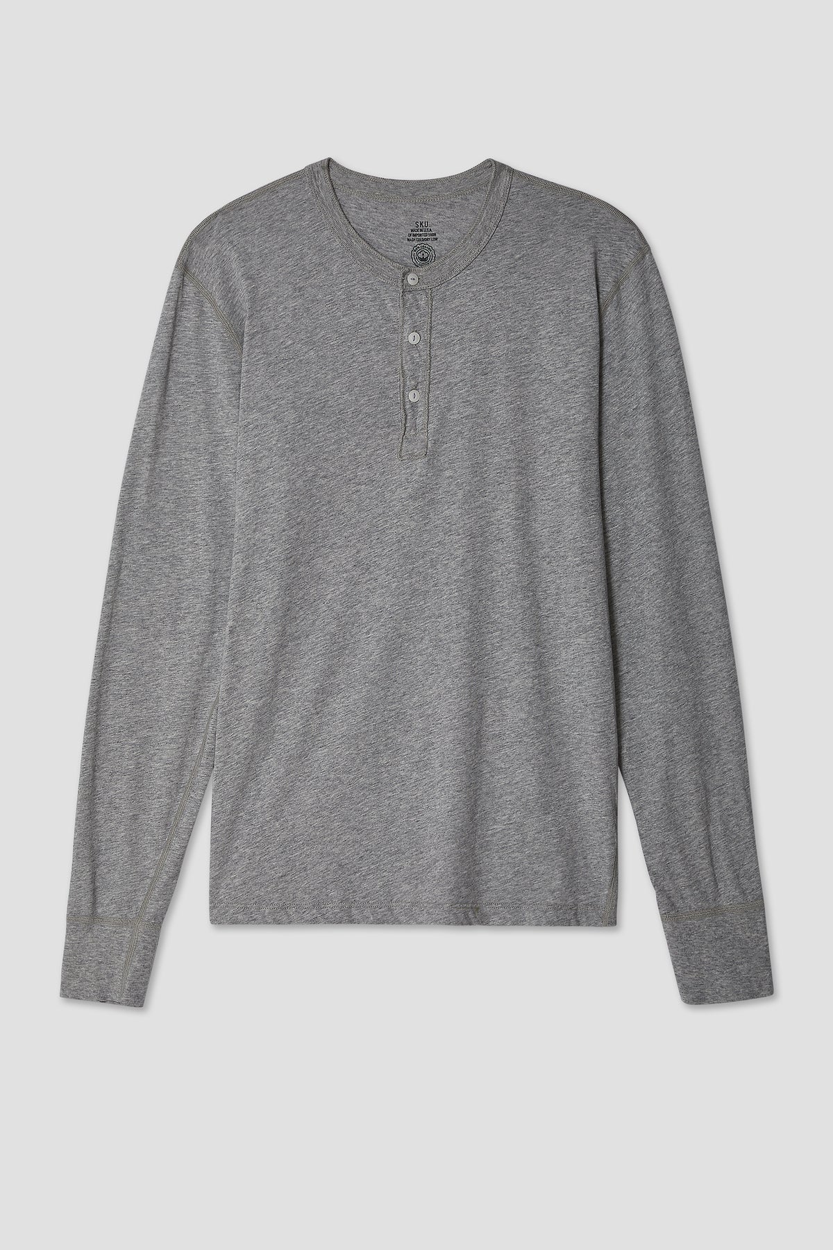 Heather gray long-sleeve henley shirt with button placket and short neckline