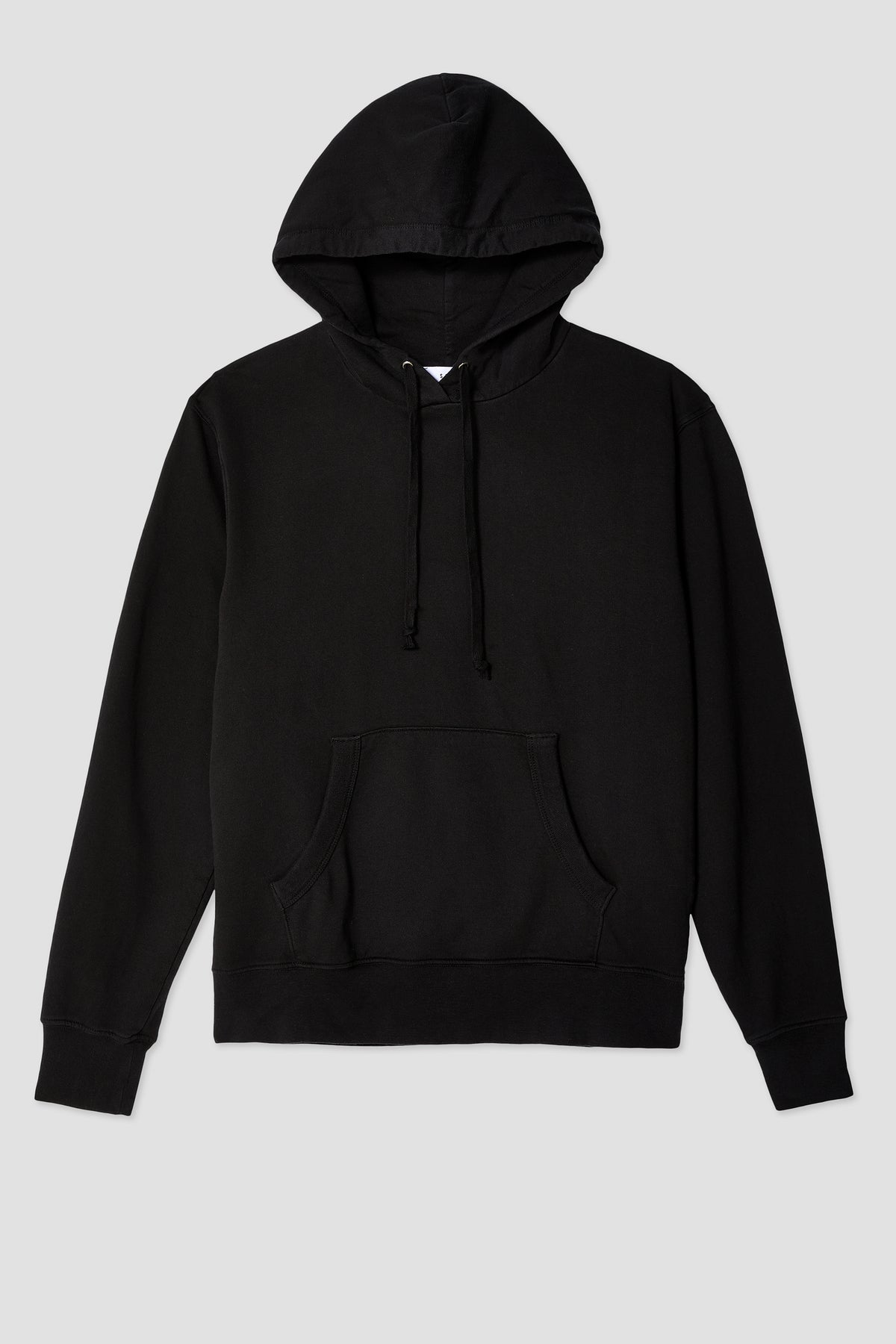 Black hooded pullover sweatshirt with front pocket and drawstring at neckline
