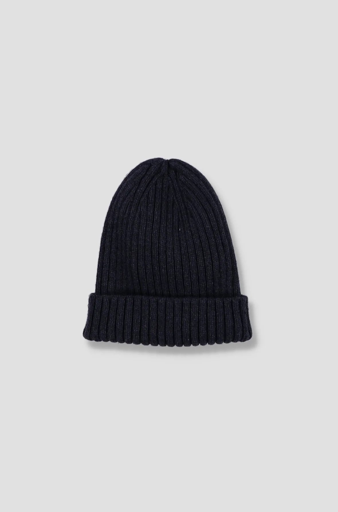 Navy rib-knit beanie with folded cuff and textured knit pattern.