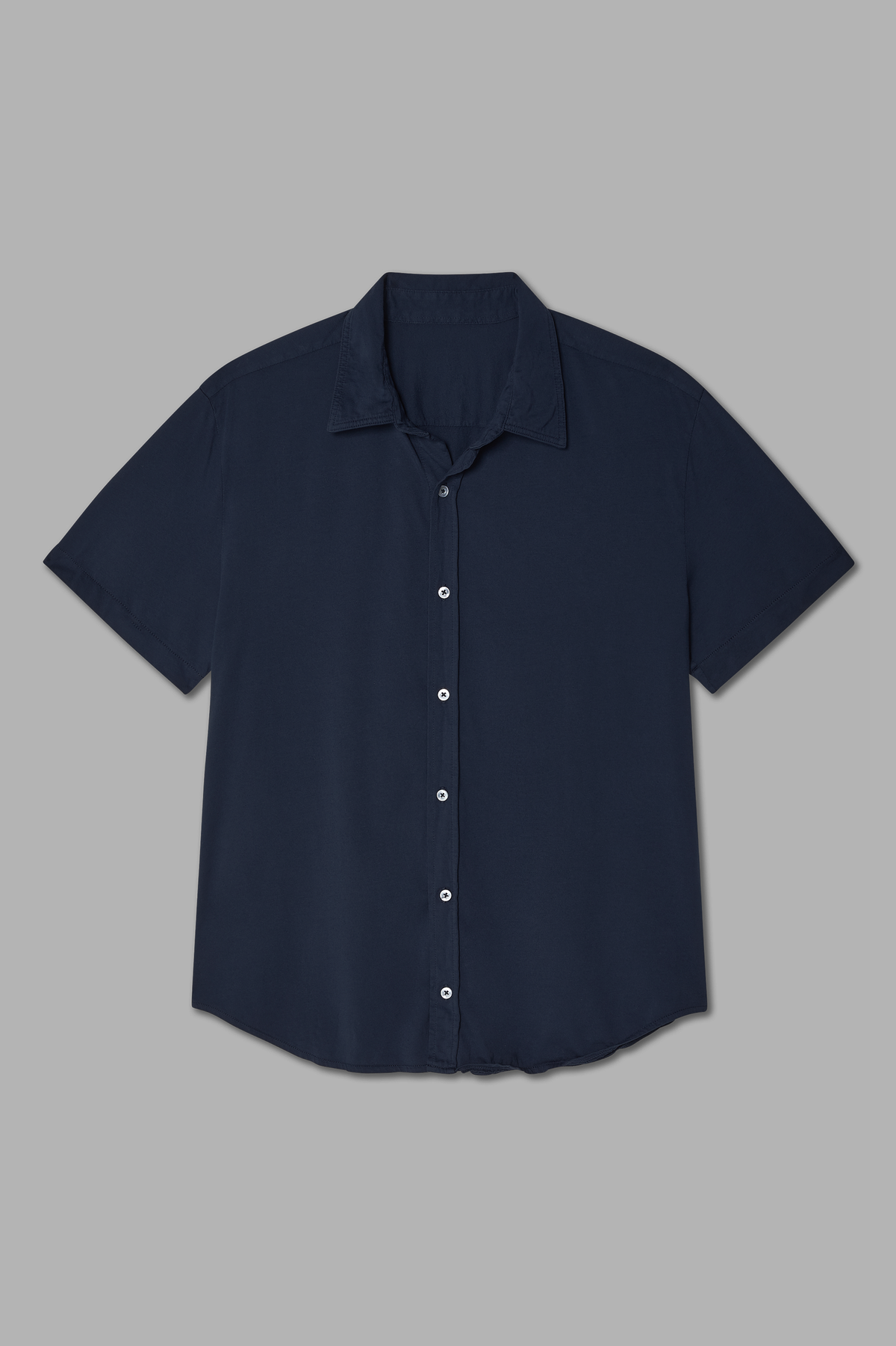 Navy short-sleeve button-up jersey shirt with spread collar and front buttons.
