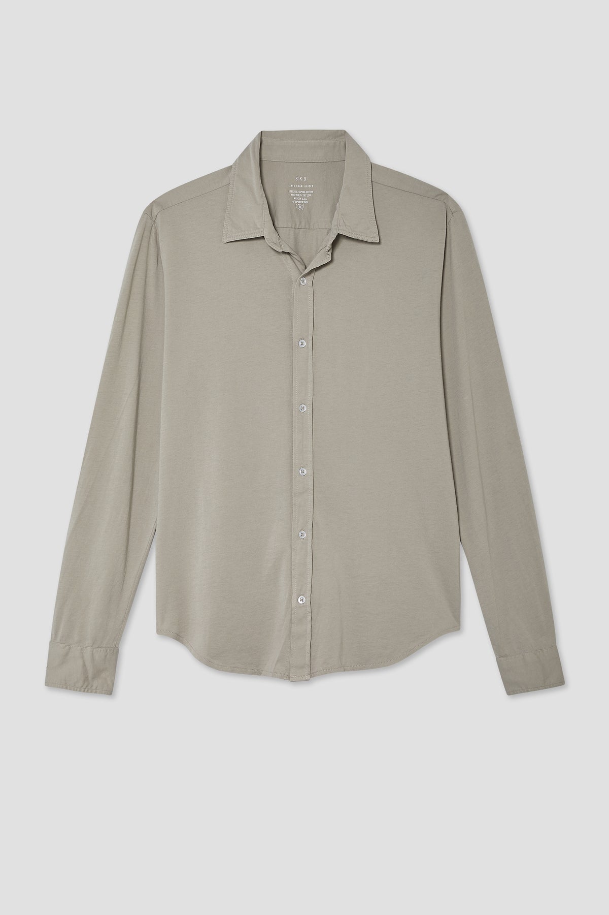 Long-sleeve button-up shirt in light gray, spread collar, front button placket