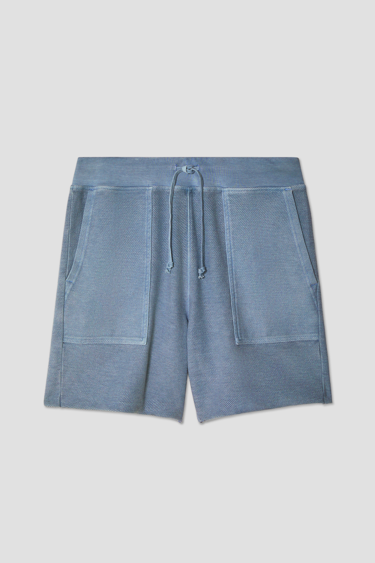 Light blue terry utility sweat shorts with drawstring waist and side pockets
