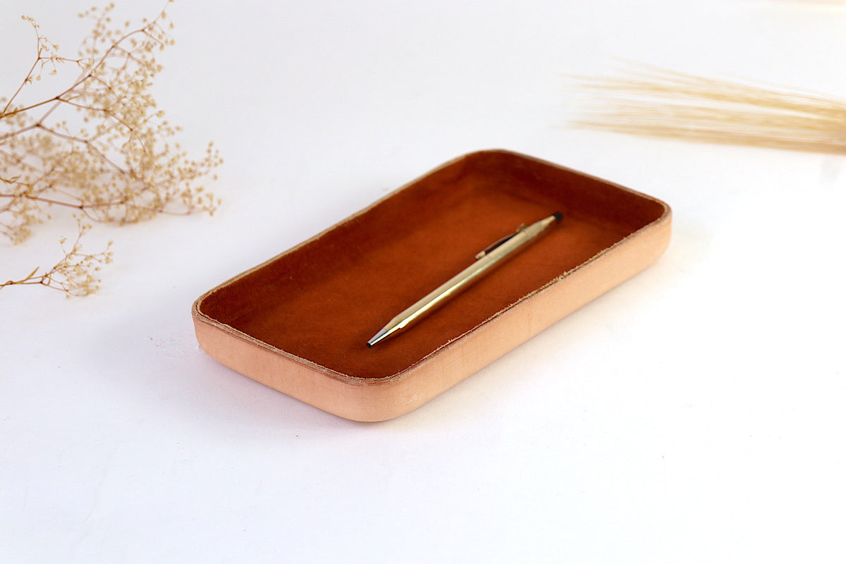 Brown suede leather tray with pen, rectangular with rounded corners