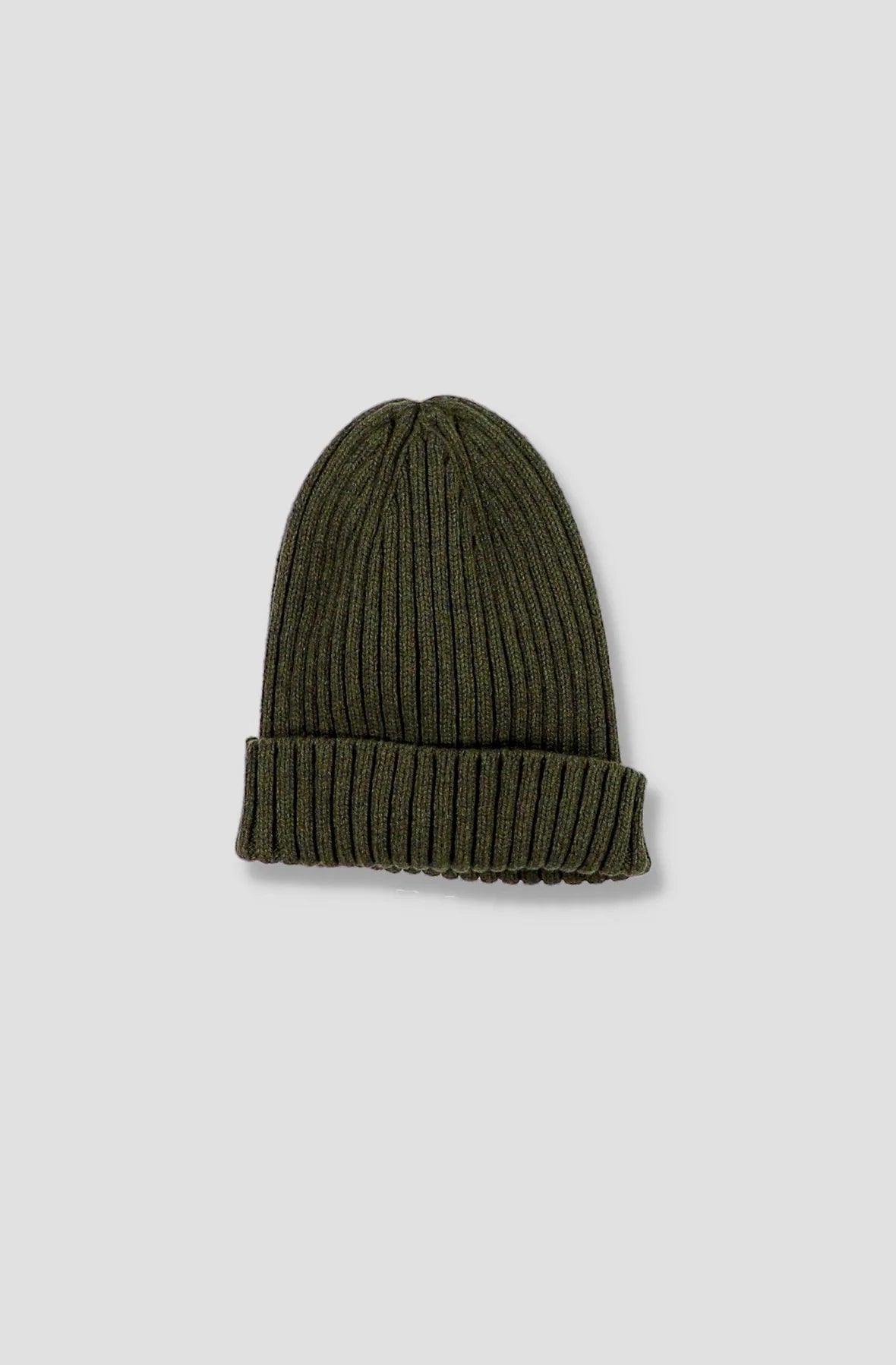 Deep olive green rib-knit beanie with folded cuff and vertical stitch pattern.